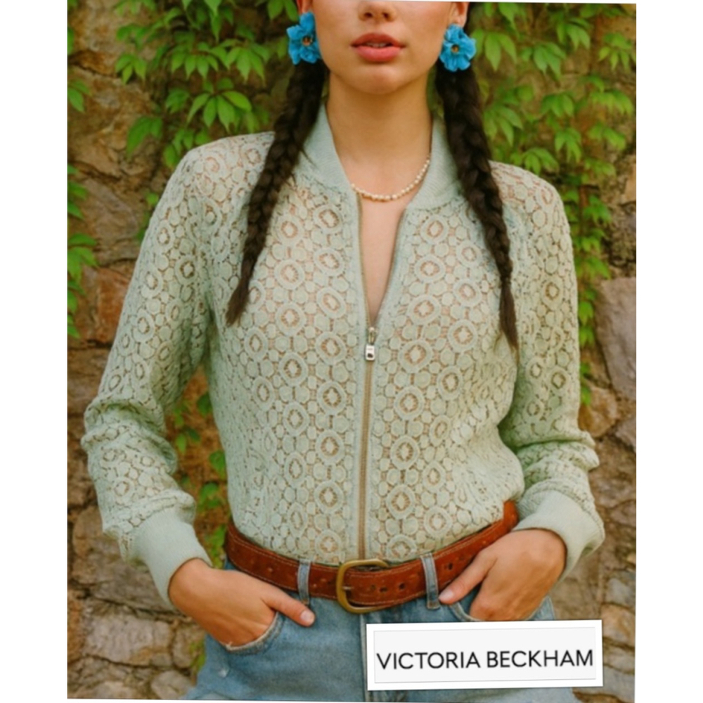 Victoria Beckham Mint Green Lace Bomber Jacket